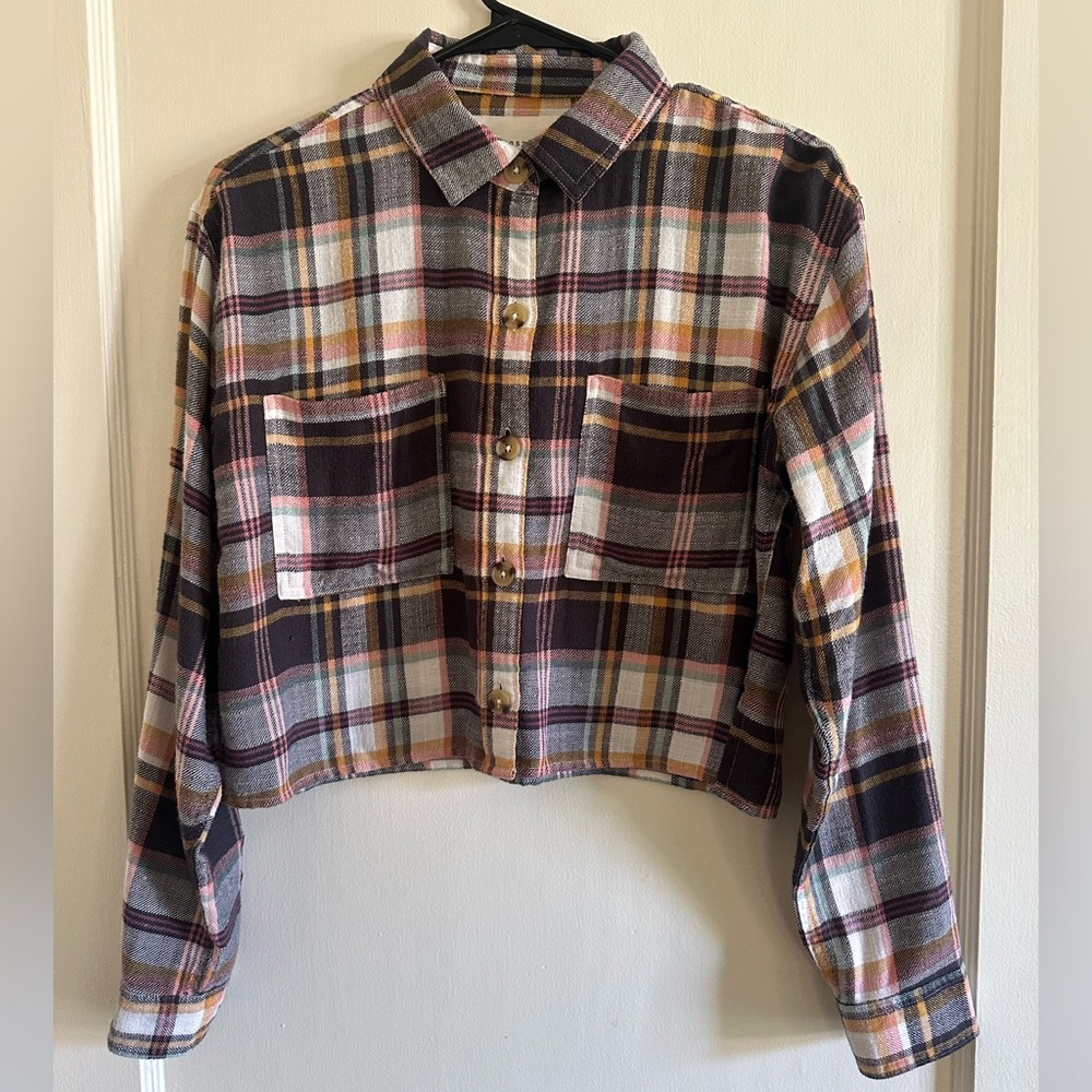 Aeropostale Plaid Button-Front Shirt Jacket in Pink, Mustard, Black